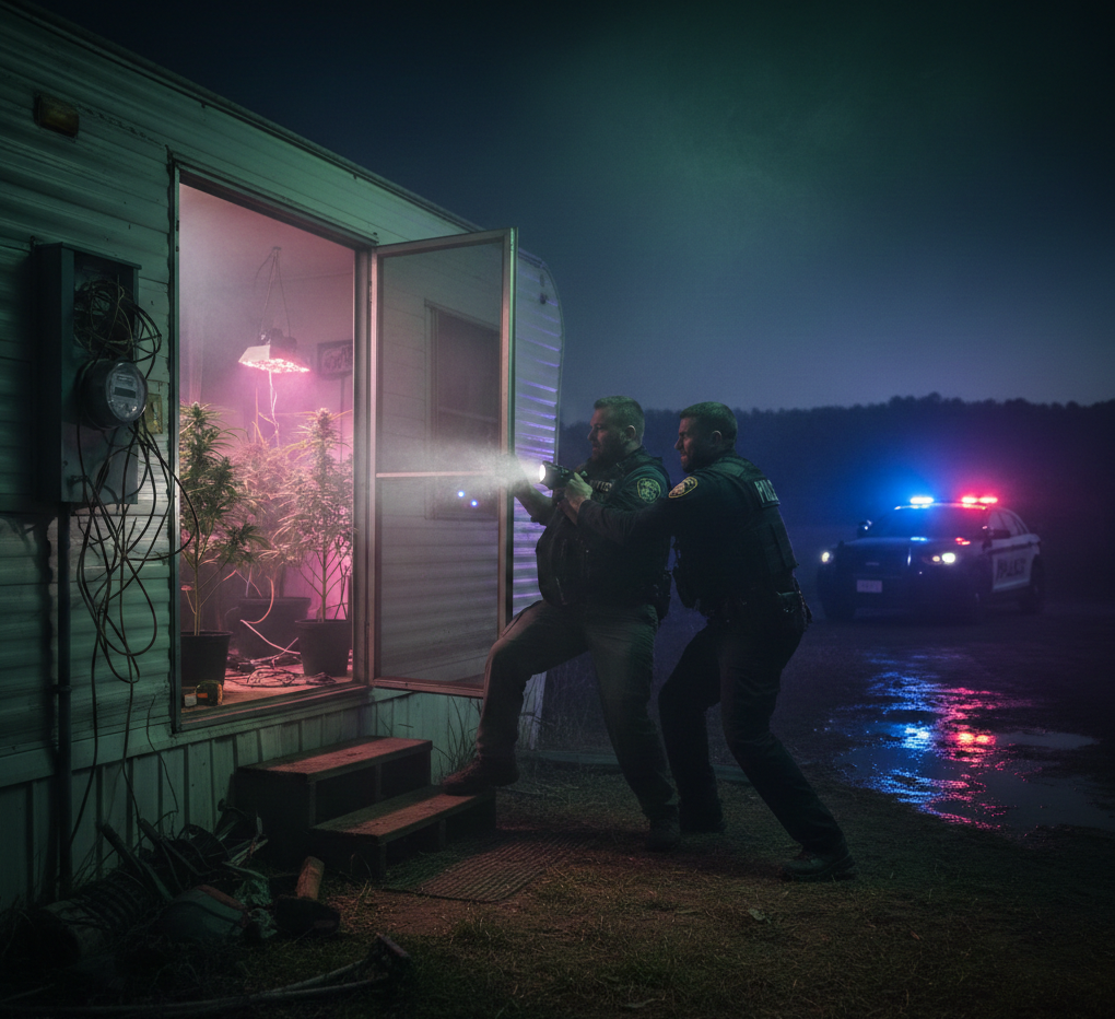 Two law enforcement officers with flashlights entering a trailer containing a lit marijuana grow operation with pink grow lights at night.