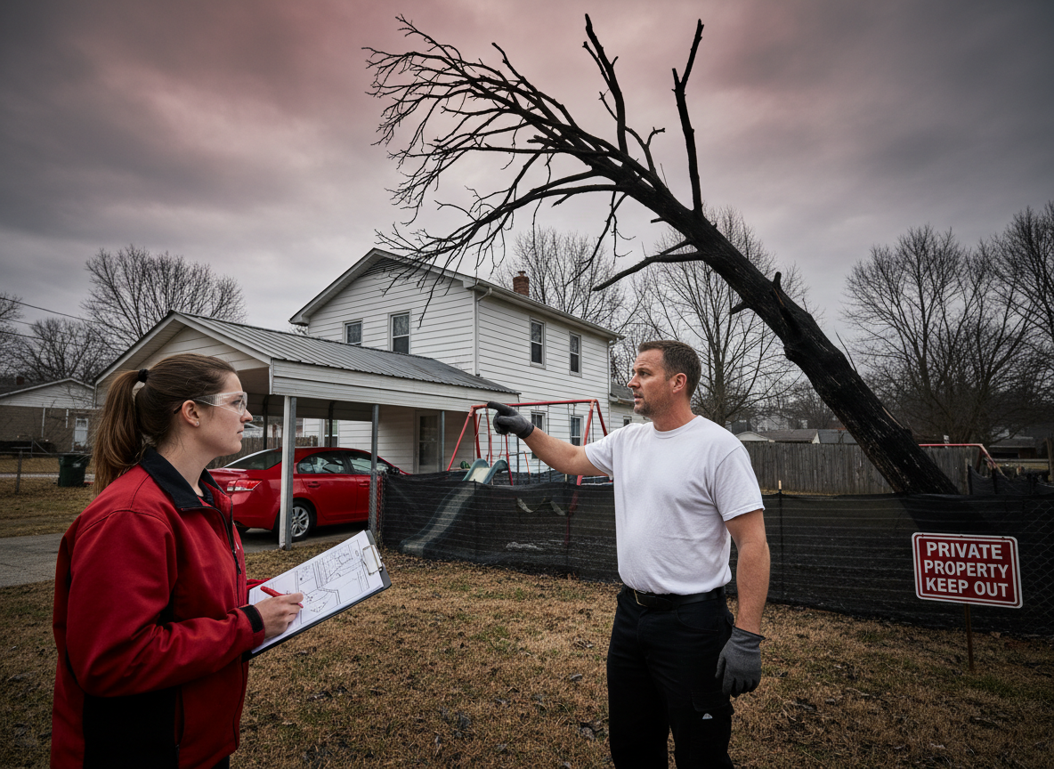 Tenant points to a dead tree near a home while speaking with an arborist, illustrating safety risks and landlord obligations under Tennessee law.