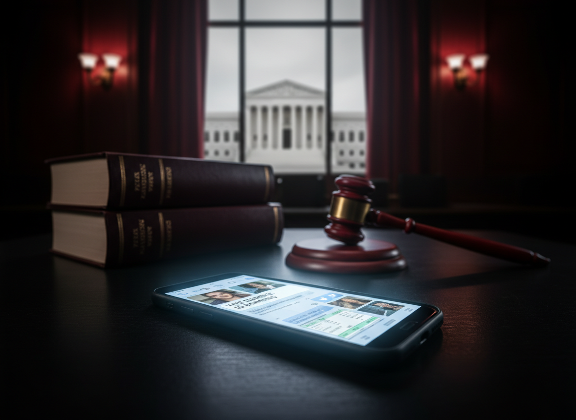 Smartphone with messages and photos sits on a courtroom table with judge’s gavel and law books, Supreme Court building in background, symbolizing legal risks and privacy issues of digital evidence.
