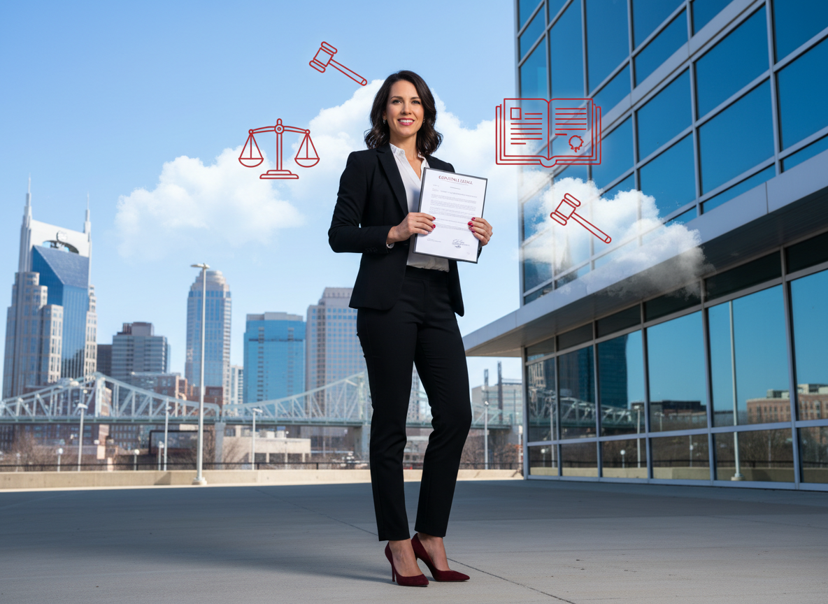 Confident business owner holding LLC documents in front of a Nashville office building, with the city skyline and legal icons in the background, using black, white, and deep red colors.