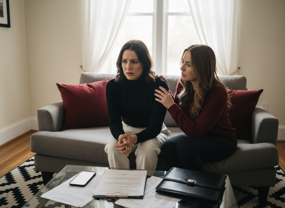 Woman sits with supportive friend in a living room, legal documents and phone on the table, illustrating the process and support available for obtaining an Order of Protection in Tennessee.