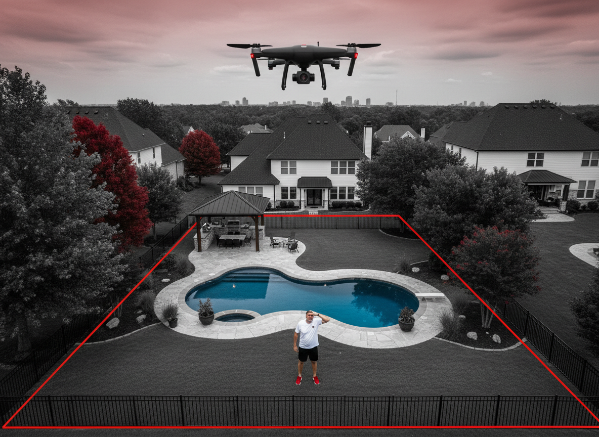 Drone with camera hovers over suburban Nashville backyard and swimming pool as concerned homeowner looks up, illustrating privacy and legal issues with unauthorized drone use.
