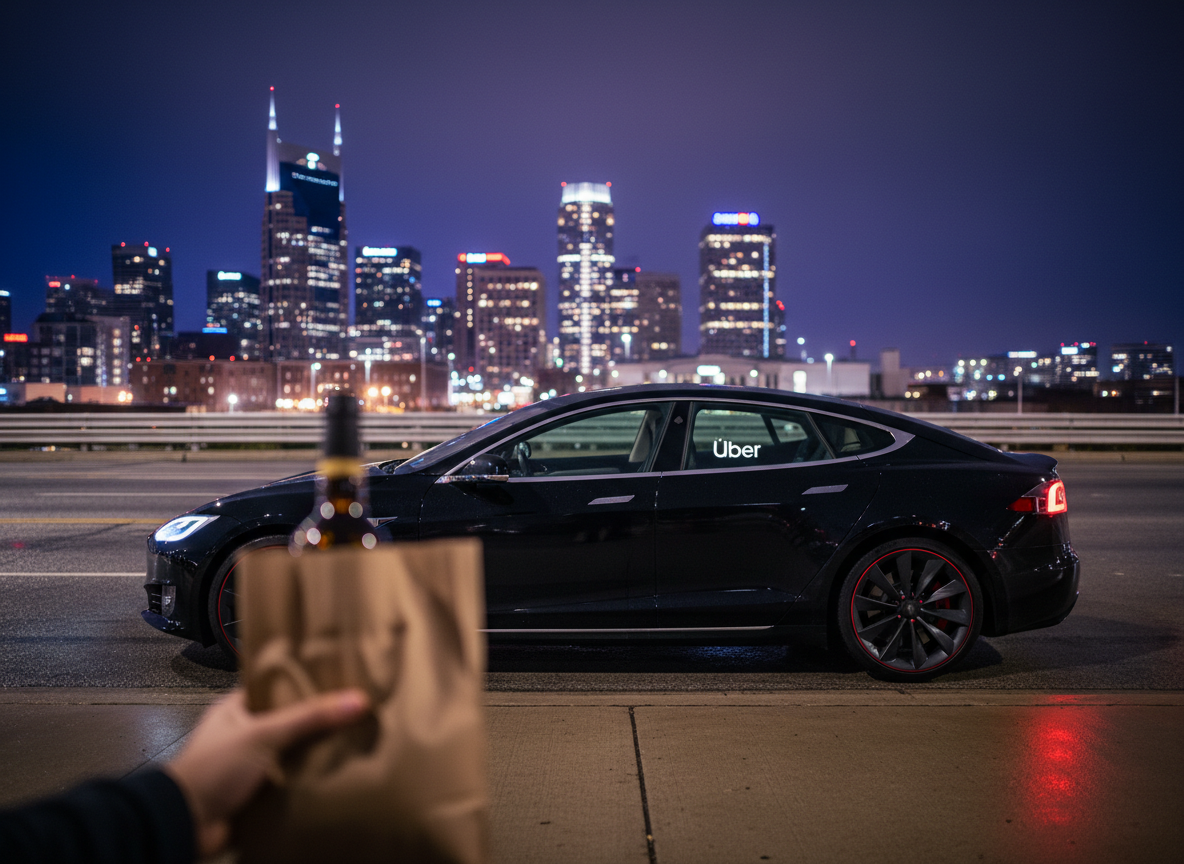 Black Uber sedan parked at night in Nashville with a hand holding a brown paper bag containing a bottle, city lights in the background, illustrating legal considerations of bringing alcohol in rideshares.