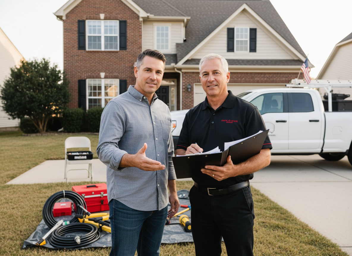 Homeowner and contractor review license and insurance documents outside a suburban Tennessee house, highlighting the importance of proper credentials for home improvement work.