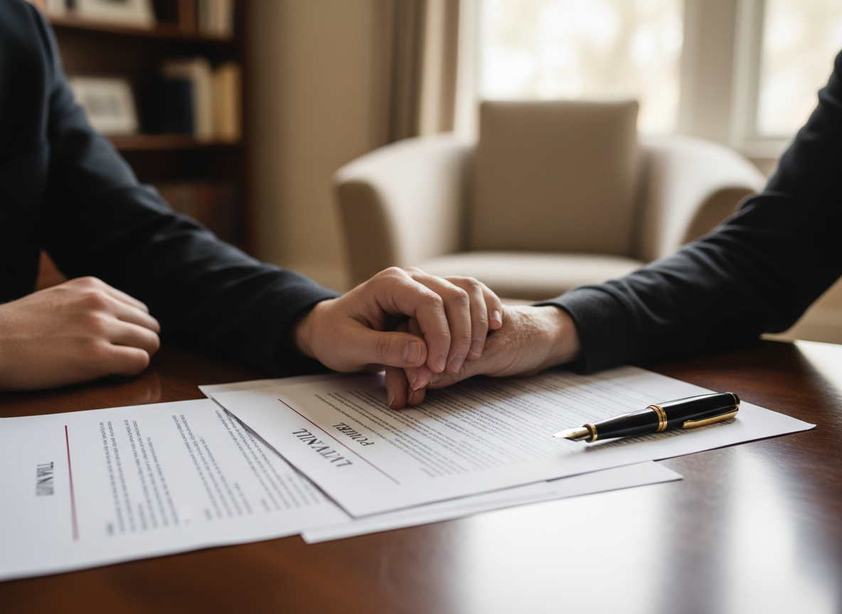 Older and younger hands clasped together over living will and power of attorney documents, symbolizing support, trust, and proactive legal planning.