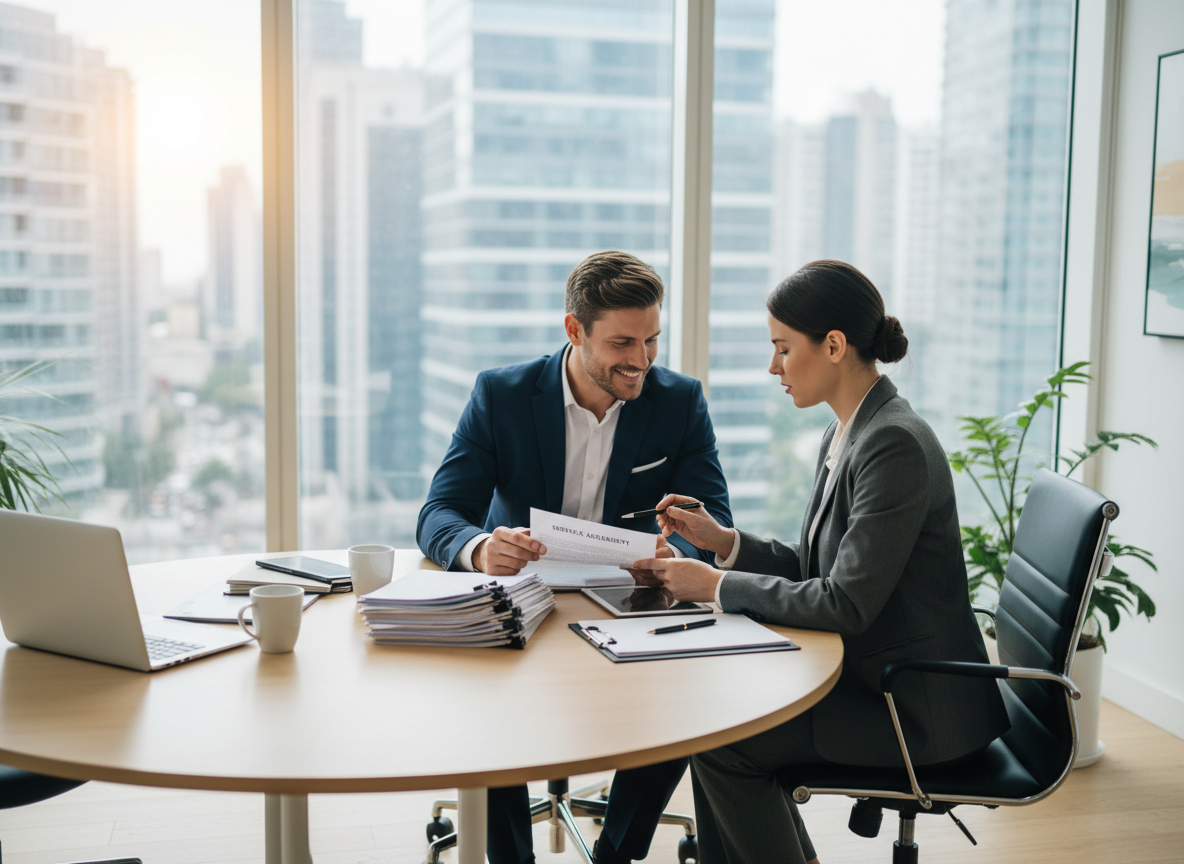 Business owner and lawyer review contracts together at a conference table in a modern office, symbolizing proactive legal guidance for business growth