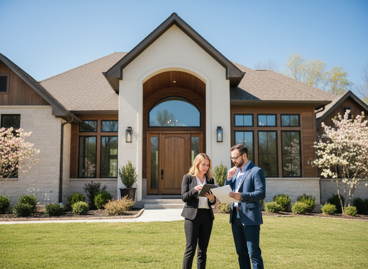 Two people review real estate documents outside a modern Nashville home, symbolizing collaborative resolution of property disputes.