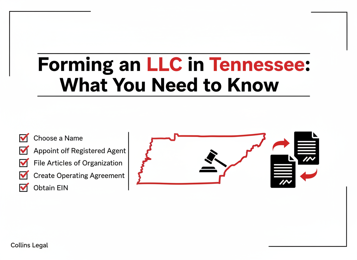 Image with the headline “Forming an LLC in Tennessee: What You Need to Know,” using Collins Legal brand colors, with a checklist, Tennessee outline, and legal document icons.