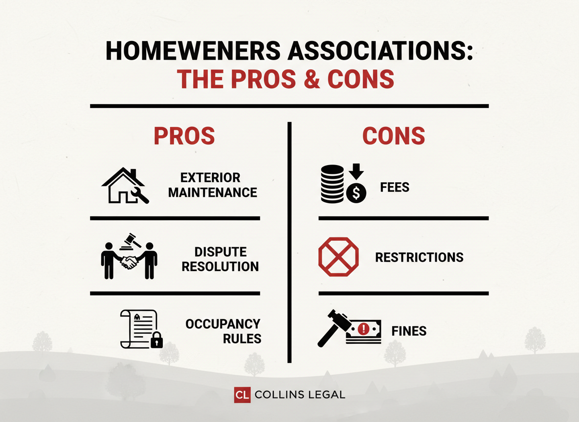Infographic highlighting the pros and cons of homeowners associations in Middle Tennessee, using icons for houses, money, rules, and neighbors, in Collins Legal brand colors.