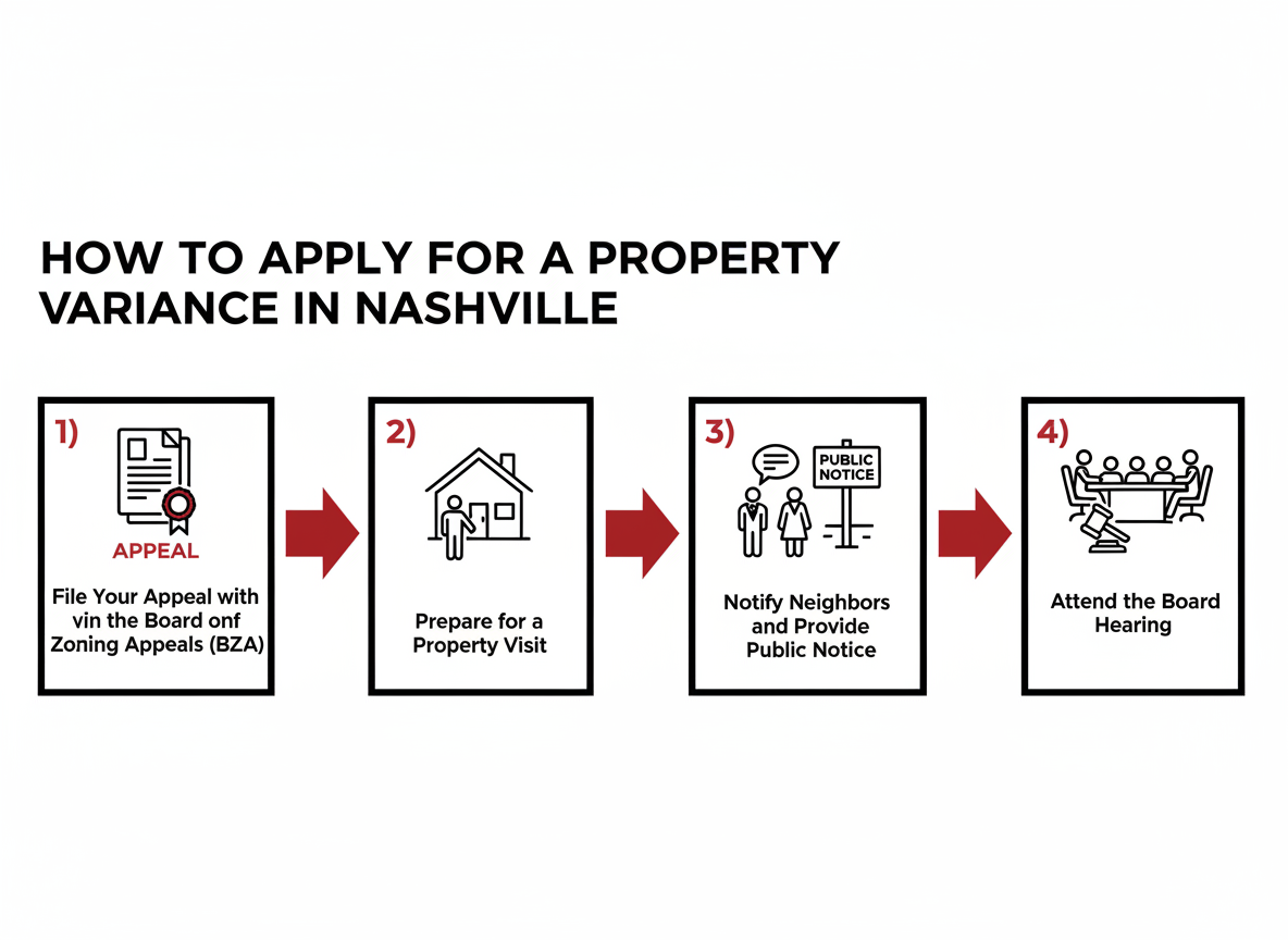 Infographic showing four steps to apply for a property variance in Nashville: file an appeal with the Board of Zoning Appeals, prepare for a property visit, notify neighbors and provide public notice, and attend the board hearing.