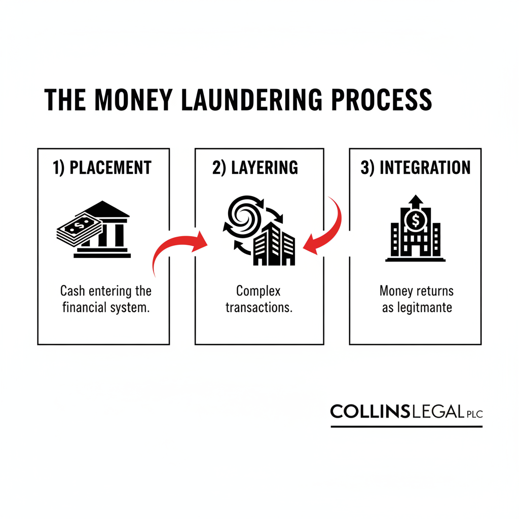 Infographic showing the three stages of money laundering—Placement, Layering, and Integration—with clear icons and flow arrows, in black, white, and red, featuring the Collins Legal logo.