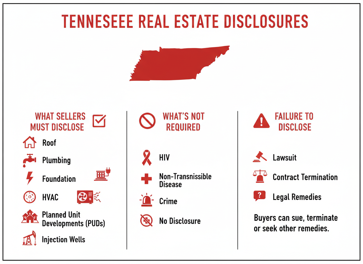 Infographic summarizing Tennessee real estate disclosures, including required seller disclosures (roof, plumbing, electrical, foundation, HVAC, sinkholes, PUDs, injection wells), items not required (HIV, non-transmissible disease, crime, no disclosure), and consequences of failing to disclose.