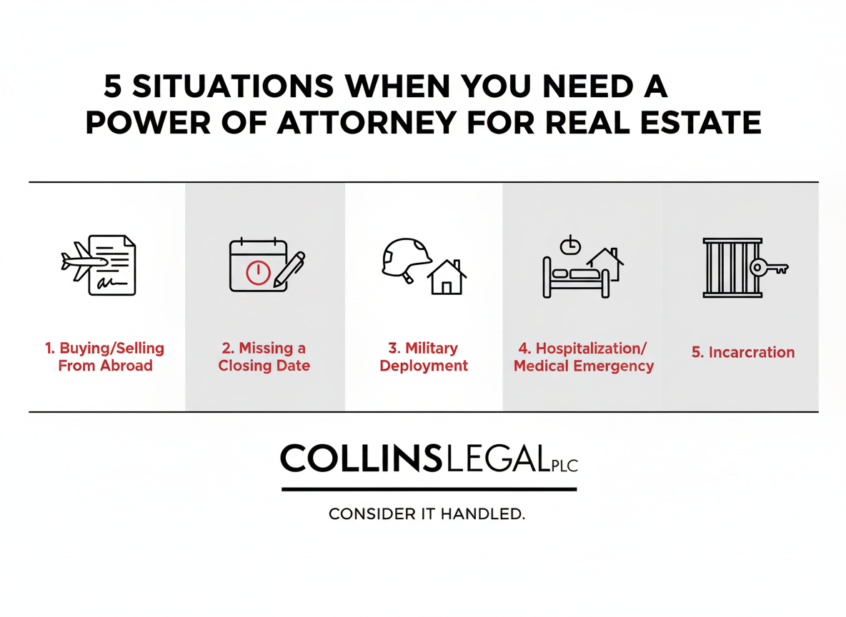 Infographic showing five situations when you need a power of attorney for real estate, with icons for buying or selling from abroad, missing a closing, military deployment, hospitalization, and incarceration. Collins Legal logo and “Consider it handled.” tagline included.