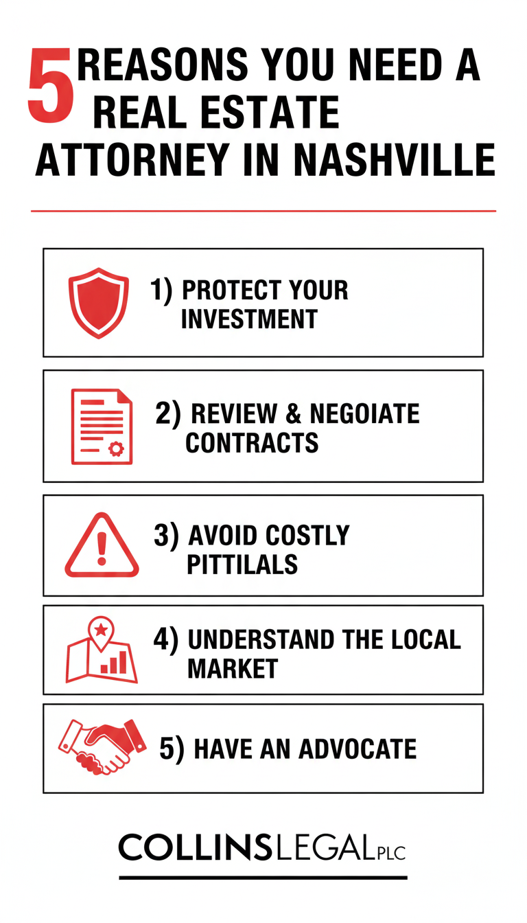Infographic titled “5 Reasons You Need a Real Estate Attorney in Nashville” with bold icons for each reason, Collins Legal logo at the bottom, and a clean black, white, and red color scheme.