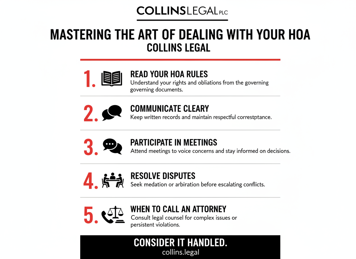 Infographic titled “Mastering the Art of Dealing with Your HOA” by Collins Legal, featuring the firm’s logo, five actionable steps with icons, the tagline “Consider it handled.” and the website collins.legal.