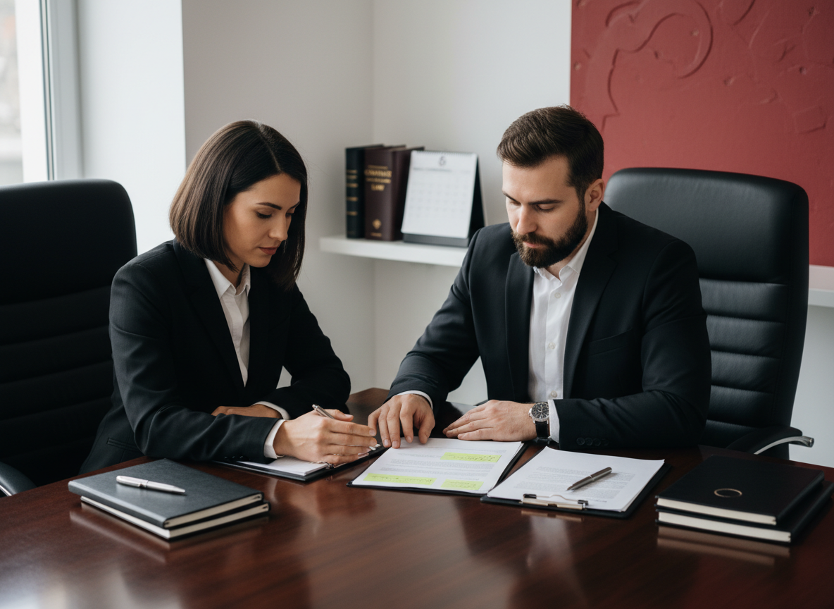 Two business owners collaborate at a conference table, reviewing a contract to ensure clarity and prevent future disputes.