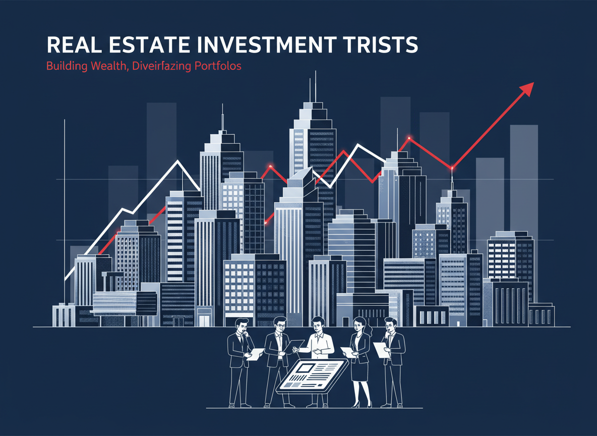 Stylized cityscape with commercial and residential buildings, financial charts, and a group of investors—representing Real Estate Investment Trusts (REITs).